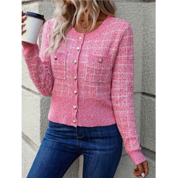 Hot Pink Plaid Button Up Cardigan Knit Long Sleeve Stretchy - Picture 4 of 8